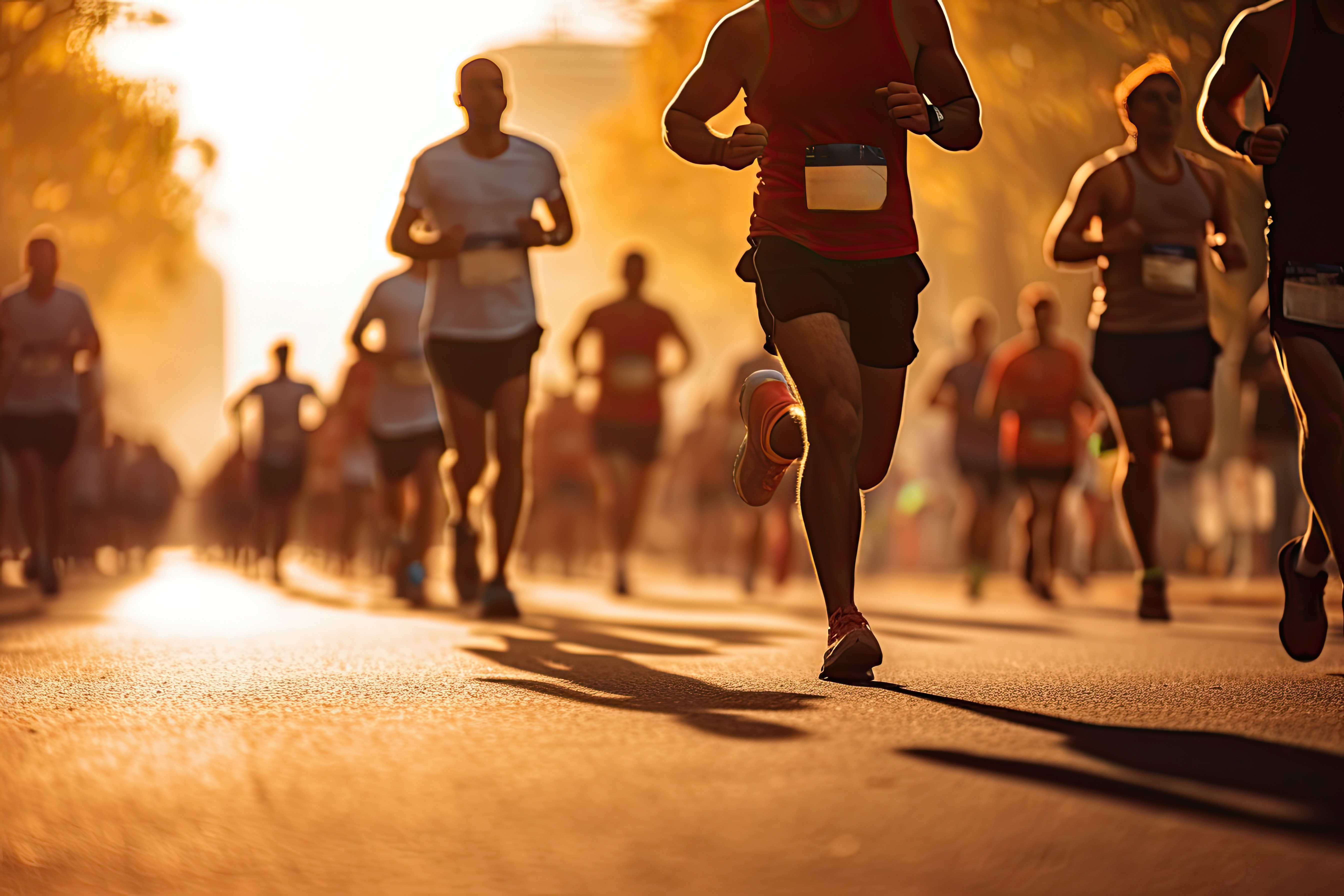 Runners on a city street at sunset